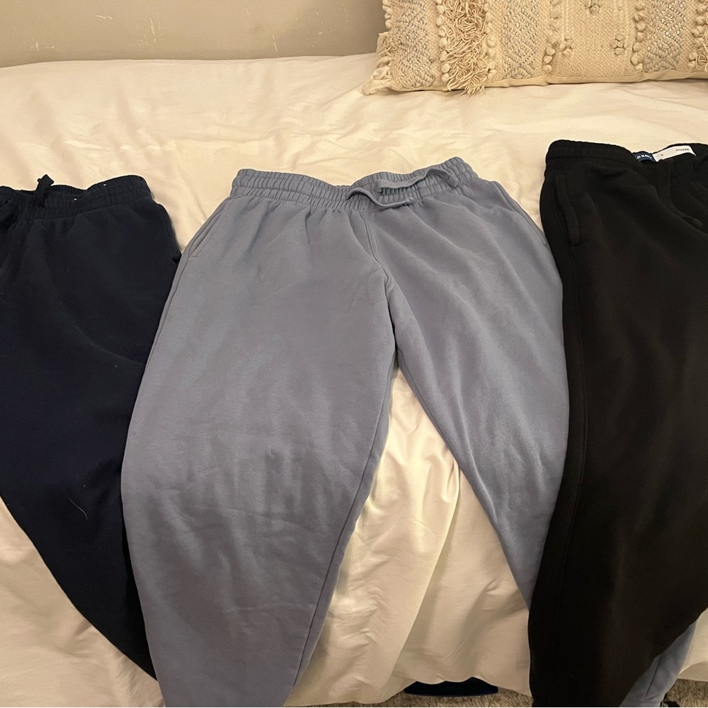 3 pairs of men’s Small sweatpants, navy, blue/grey, black drawstring w/ pockets